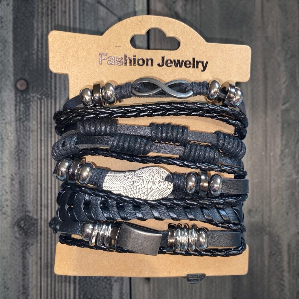 Black Leather Bracelet Set Infinity Angel Wing Silver Tone Boho Unisex